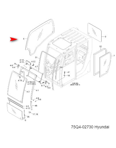 Скло праве бокове екскаватор Hyundai HX145LCR, HX235LCR, R125LC-9A, R145LCR-9 75Q402730 фото