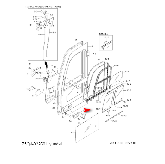 Скло двері верхнє переднє екскаватор Hyundai HX145LCR, HX235LCR, R125LC-9A, R145LCR-9 75Q402260 фото