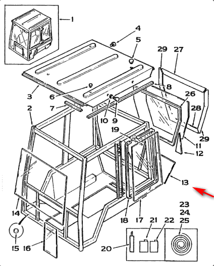 Скло заднє нижнє екскаватора навантажувача Terex 750, 760, 850, 860, 865, 960, 965 - з 1994 до 1998 року. 3512270M1 фото