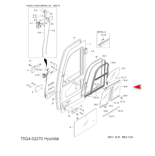 Скло двері верхнє заднє екскаватор Hyundai HX145LCR, HX235LCR, R125LC-9A, R145LCR-9 75Q402270 фото