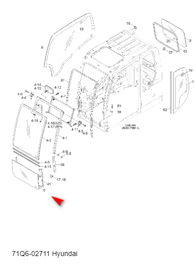 Стекло переднее нижнее экскаватора Hyundai HX145LCR, HX235LCR, R125LC-9A, R145LCR-9 71Q602711 фото