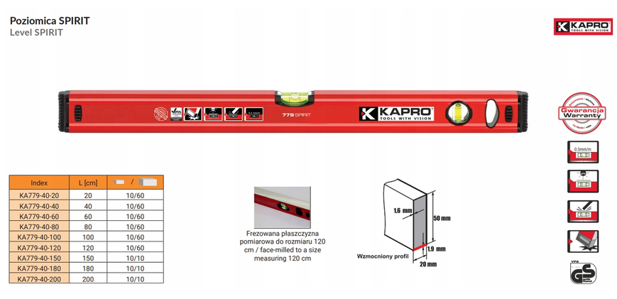 Алюмінієвий рівень KAPRO SPIRIT KA779-40-150 150 см 6588593791 фото