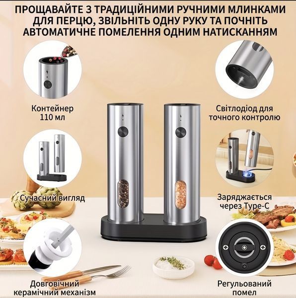 Набор блинов для соли и перца Cliton 2 шт. (автоматические на подставке, с регулировкой помола) 131588 фото