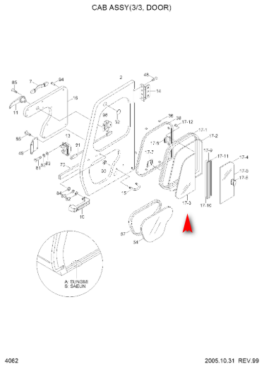 Стекло двери верхнее переднее экскаватора Hyundai R130LC-3, R160LC-3, R180LC-3 71EH10321 фото