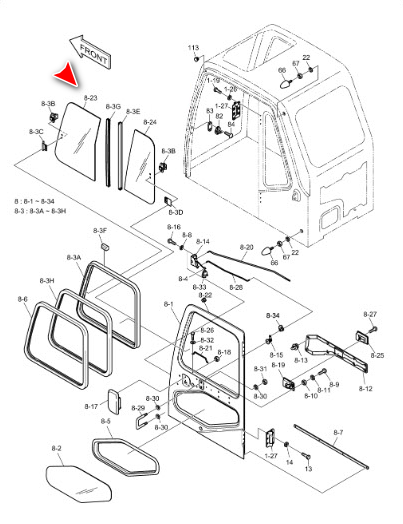 Скло лівої двері переднє розсувне екскаватора Daewoo S130LC-V S170LC-V S170LC-VBE 2903-1219A фото