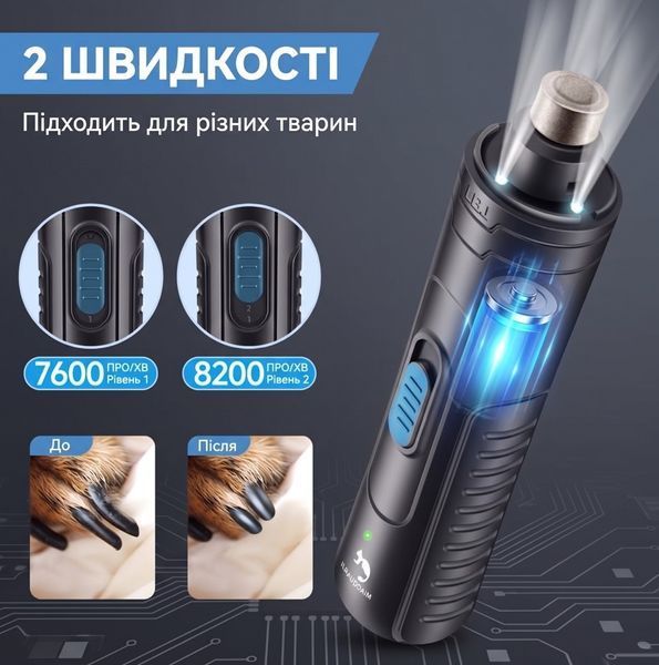 Аккумуляторный гриндер для когтей с 3 светодиодами (2 скорости) &mdash; Электрический когтерез-триммер для собак и кошек (Черный) 776098 фото