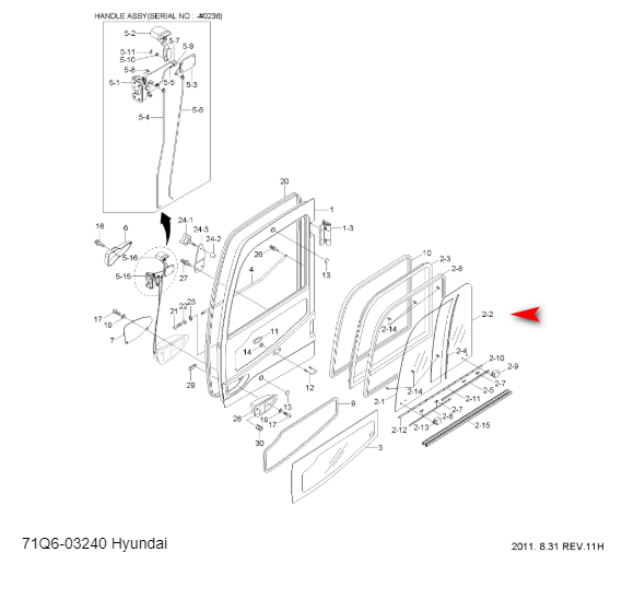 Скло двері верхнє заднє екскаватор Hyundai R140LC-9, R160LC-9, R180LC-9, R210LC-9 71Q603240 фото