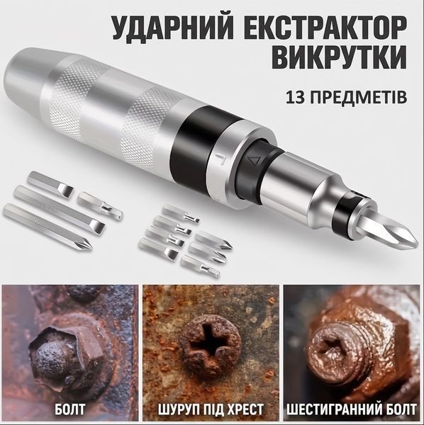 Ударная отвертка с битами (13 предметов) &mdash; Профессиональная ударно-поворотная для авто и мастерской 945654 фото