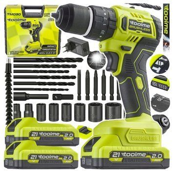 Ударная дрель-шуруповерт TOOLME 21V, бесщеточный, 2 аккумулятора 16259611598 фото