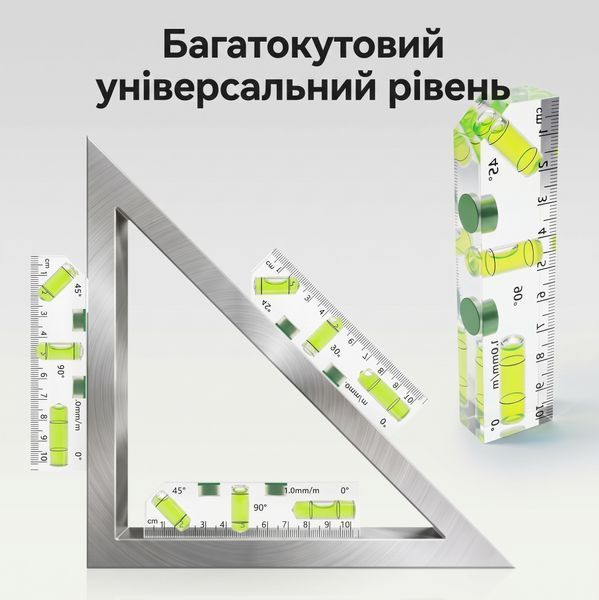 Акриловый мини-уровень 10 см (с магнитами, 3 капсулы 0&deg;/45&deg;/90&deg; и миллиметровой шкалой) - Многоугольный спиртовой уровень-торпедо 330011 фото