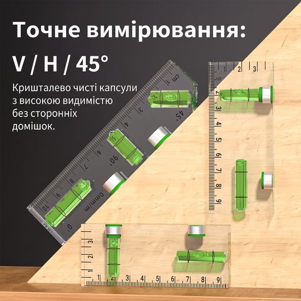 Акриловый мини-уровень 10 см (с магнитами, 3 капсулы 0&deg;/45&deg;/90&deg; и миллиметровой шкалой) - Многоугольный спиртовой уровень-торпедо 330011 фото