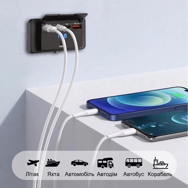 Вбудована зарядна панель 4-в-1 з вольтметром (Dual Type-C + Dual QC 3.0, 12-24V) 781271-2 фото