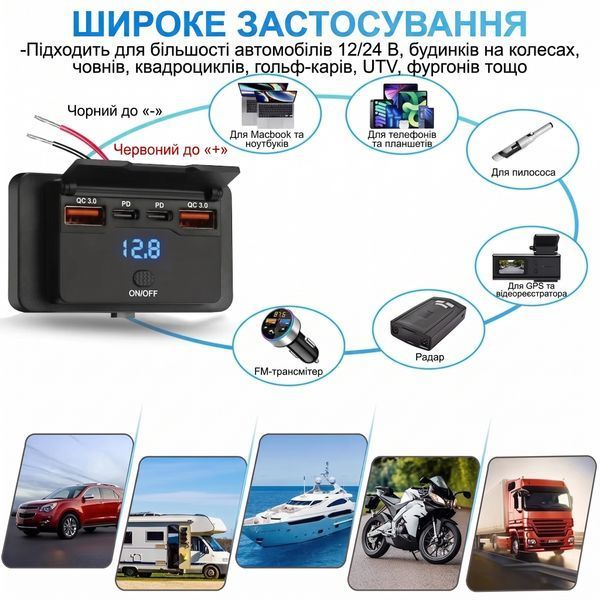 Вбудована зарядна панель 4-в-1 з вольтметром (Dual Type-C + Dual QC 3.0, 12-24V) 781271-2 фото