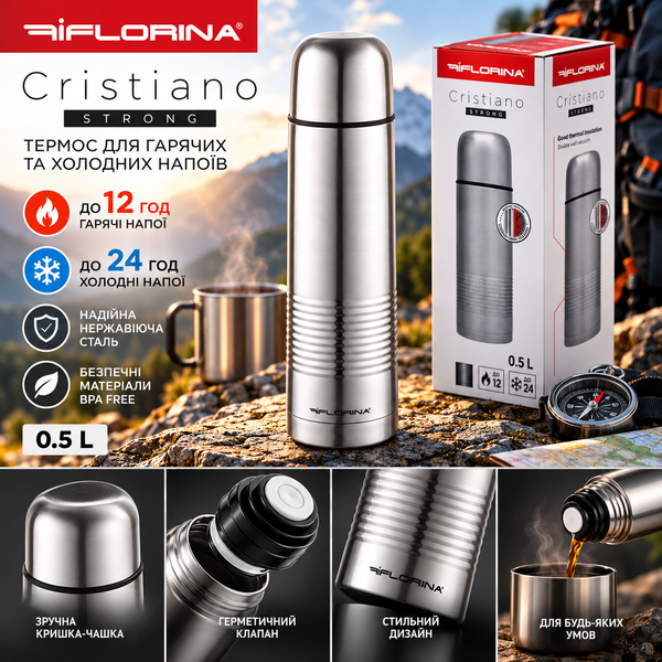 Термос из нержавеющей стали Florina Cristiano Strong 0.5 л (серый/металлик, с чашкой) &mdash; Вакуумный термос для горячих и холодных напитков 665555 фото