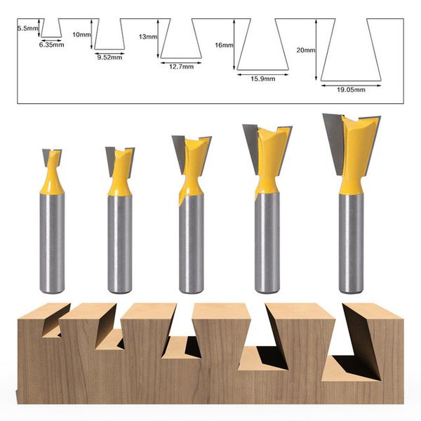 Набор фрез по дереву ласточкин хвост 1/4 "3/8" 1/2 "5/8" 3/4 "8 мм 5 шт. F101 фото